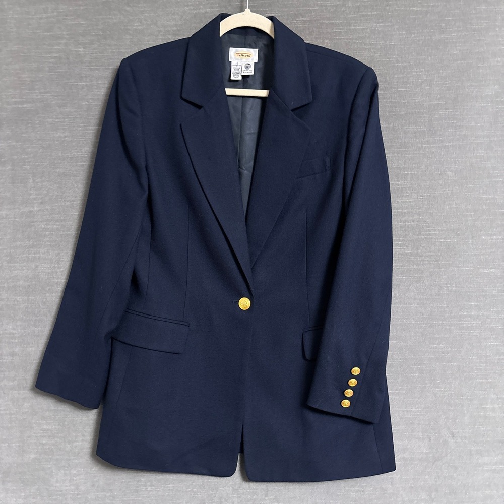 Vintage Talbots Blazer 10 Navy Blue Wool Gold Mid-Length Career Classic Nautical